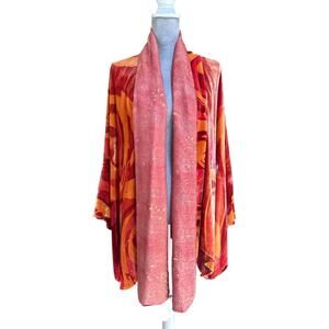 Boho Luxe Artisan Velvet Open Red‎ Orange Kimono Jacket, L/XL